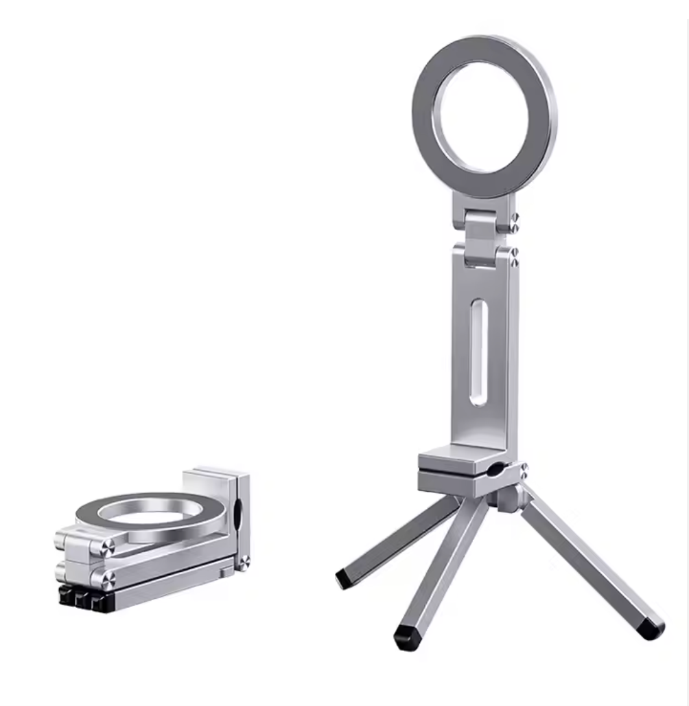 Portable foldable phone stand with magnetic mount, adjustable tripod for desk or travel