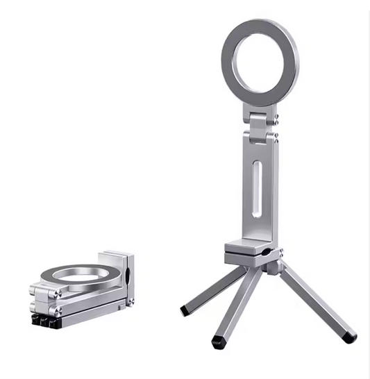 Portable foldable phone stand with magnetic mount, adjustable tripod for desk or travel